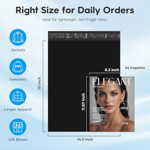 Black Poly Mailers 14.5x19 Inches - Pack of 50 Shipping Bags for Clothing