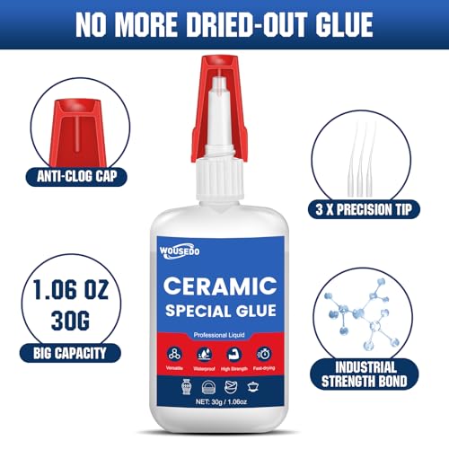 30g Ceramic Glue with Nozzles - Waterproof, Quick-Set Adhesive by WOUSEDO (Ceramic Glue / 30g)