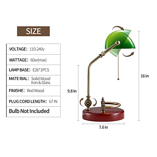 Bankers Lamp, Traditional Green Desk Lamp with Solid Birch Wood Base, Green Glass Antique Library Lamp with Pull Chain Switch, Plug in Vintage Bankers Desk Lamp for Office, Study Room ¡¼E26 Socket¡½