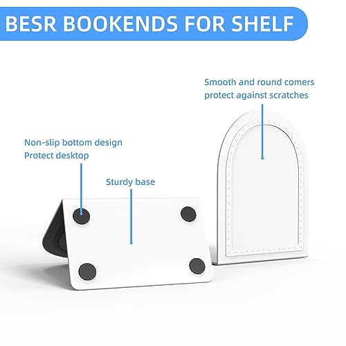 White Metal Bookends with Anti-Slip Design - Heavy Duty Book Ends, 1 Pair
