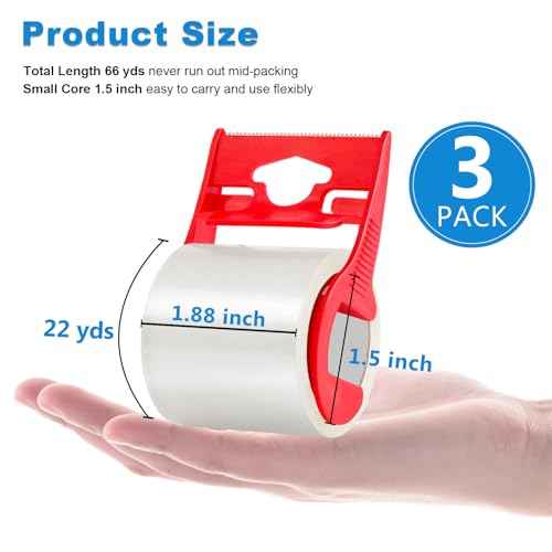 SCYON Heavy Duty Clear Packing Tape with Dispenser, 3 Shipping Tape Rolls, Noiseless Moving and Packaging Tape for Mailing, Boxing Supplies, 2 mil£¬1.88¡± x 22.2 yd