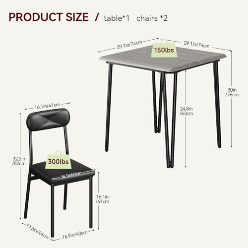 IDEALHOUSE 4-Piece Dining Table Set with Upholstered Chairs, Grey (Table + 2 Chairs)