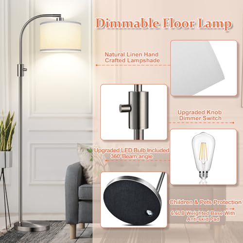 Nintiue Dimmable Floor Lamp, 1200 Lumens LED Edison Bulb Included, Arc Floor Lamps for Living Room Modern Standing Lamp with Linen Shade, ?F1599