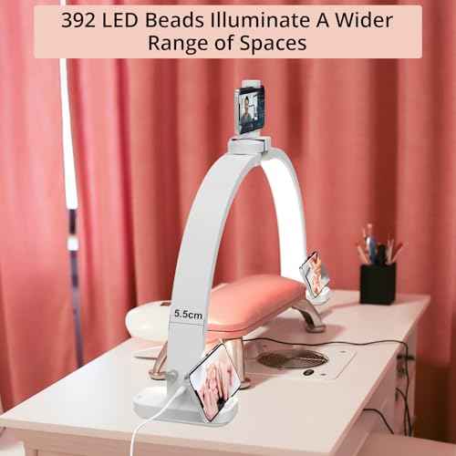 Semlos Half Moon Light for Nail Desk with 5 Phone Stands, Knob Controller, Foldable Nail Desk Lamp for Manicure & Handicraft, White