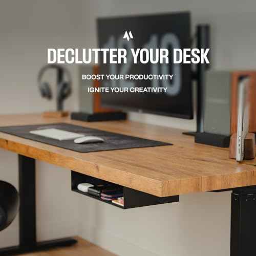 Under Desk Storage Shelf - Carbon Steel Under Desk Tray with Cable Management, Mountable Add-On Shelf for Table & Office Desks (13" x 8" x 2.8")