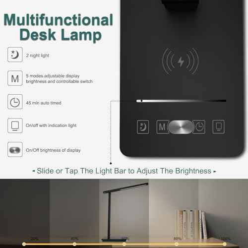 10 in 1 Smart Desk Lamp Led, Desk Light for Colleage Drom Room Office, Eye-Caring Table Lamp with Night Light, Lamp for Desk with 10W Wireless Charger, Dimmable Touch Lamp, Birthday Gifts for Women