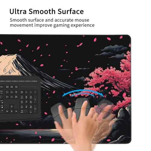 Extra XXXL Japanese Cherry Blossom Gaming Mouse Pad, Watercolor Mouse Pads Keyboard Mat, Stitched Edges Mousepad, Non-Slip Rubber Base Desk Mat for Office & Home (48x24 Inch)
