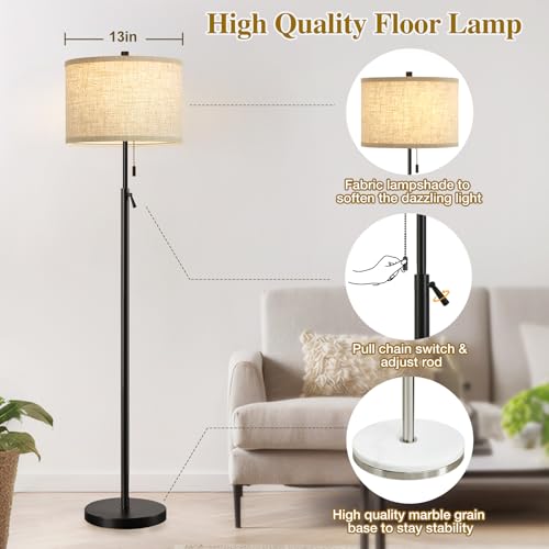 GyroVu Black Floor Lamp, Height Adjustable Standing Lamp Tall Lamp with Fabric Lampshade&Pull Chain Corner Floor Lamps for Living Room, Bedroom & Office Bulbs Not Included(Black Base)