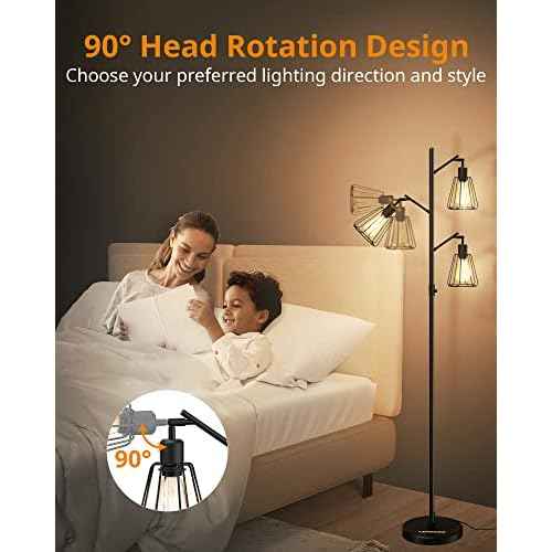 LEPOWER Industrial Floor Lamp, 3 x 800LM LED Edison Lamps Included, Floor Lamp for Bedroom with 90¡Æ Multi Head, Dimmable Floor Lamps Black for Office, Bedroom, Farmhouse Decor
