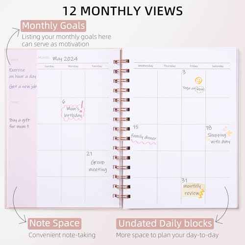 Undated Weekly and Monthly Planner Spiral Bound- Weekly Goals Notebook, To Do List, Habit Tracker Journal, Academic, Aesthetic, Stylish School or Office Supplies (6.1" x 8.4" - Pink)