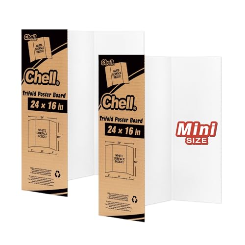 Chell Mini Size Trifold Poster Board, 16" x 24", Small Corrugated Project Boards, White, 2 Pack