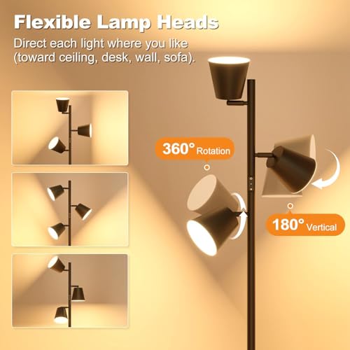 ¡¼Upgraded¡½LED Tree Floor Lamp, 36W Dimmable 2500 LM Modern Standing Lamp with Remote & Touch Control, 4 Color Temperatures, 3 Rotatable LED Light Floor Lamps for Living Room Bedroom Office-Matte Black