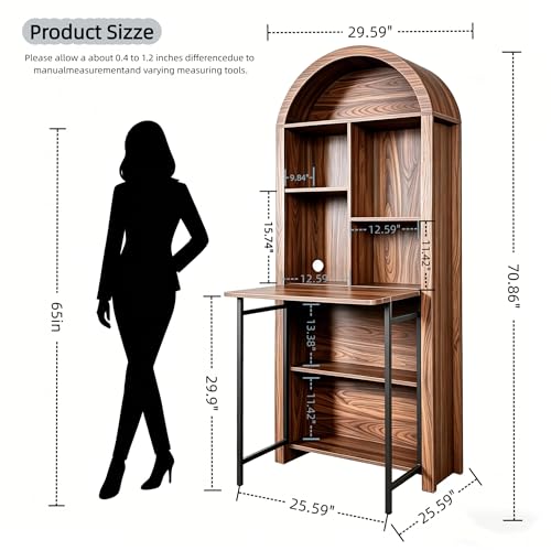 JIJIWANG 70.8-Inch Walnut Arched Folding Desk with Bookcase Storage for Small Spaces