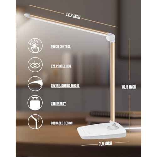 Lichamp Dimmable LED Desk Lamp with USB Charging Port, Touch Control Foldable Gooseneck Free Rotation Adjustable Eye Care Table Lamp, Bedside Reading Light with UL AC Adapter (Pink Gold)