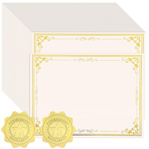 Prudiut 100 Sheets Certificate Paper with 100 Gold Seals – 8.5 x 11" Printable Awards, 180g 4.5cm Seal