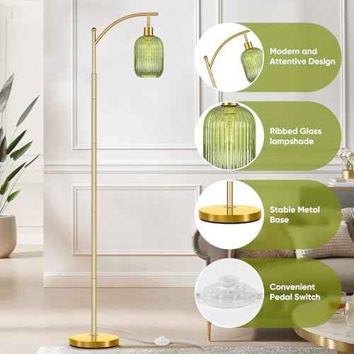 Glass Floor Lamp for Living Room, Modern Green Standing Lamp with Ribbed Glass Lampshade Pedal Switch, 67¡± Tall Lamp for Bedroom Study Room