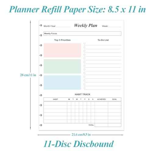 Weekly Planner Undated Refills - Letter Size 53 Sheets/106 Pages Colorful Weekly Planner for 11-Disc Discbound, TUL, 100 gsm White Paper, Lasts 1 Year, Undated, 8.5" x 11"