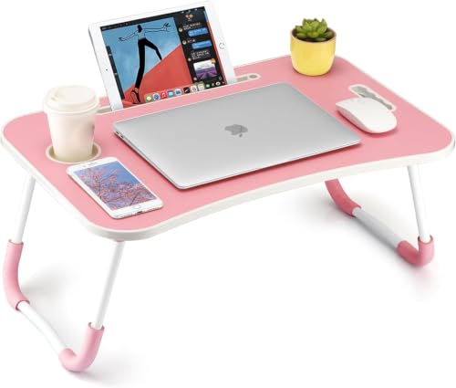 Pink Foldable Laptop Desk with Cup Holder & Tablet Slot - Portable Bed & Office Stand