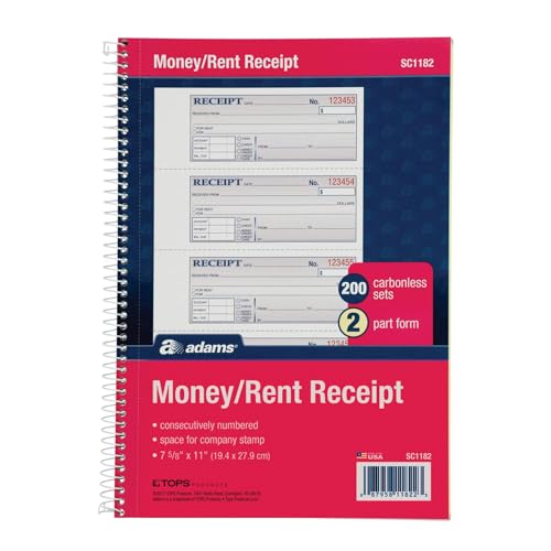 Adams Money & Rent Receipt Book, 2-Part Carbonless, 7-5/8 x 11, Spiral Bound, 200 Sets, White/Canary – 4 Receipts per Page, SC1182
