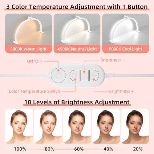 29" Large Half Moon Light for Nail Desk, Foldable Arch Nail Lamp with Phone Holder, 3 Color Modes,10 Brightness, Perfect for Manicure Handicraft Lighting, White