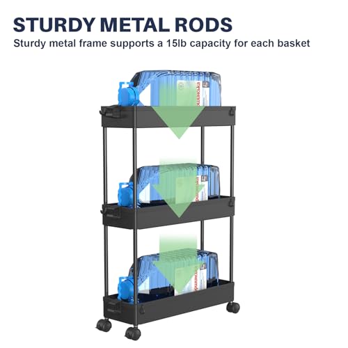 SPACELEAD 3 Tier Rolling Cart with Wheels, Storage Craft Art Trolley Organizer Serving, 3 Hanging Baskets Easy Assembly, for Office, Living Room, Kitchen, Black