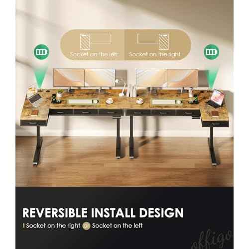 OffiGo 63 Inch L Shaped Electric Standing Desk with Drawers, Height Adjustable Large Desk with Power Outlets, Sit Stand Table, Writing Computer Desk for Home, Office, Workstation, Rustic Brown