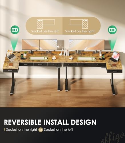 OffiGo 63 Inch Rustic Brown L-Shaped Electric Standing Desk with 4 Drawers