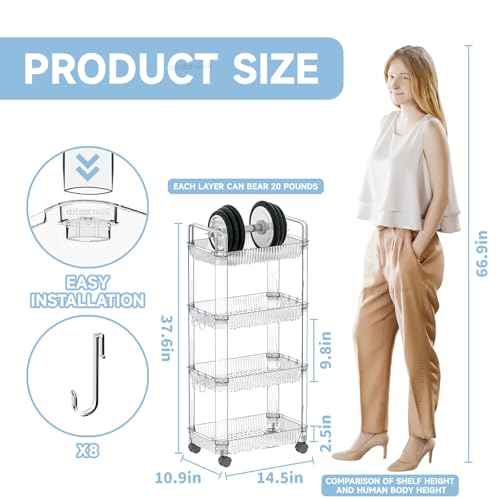 Yieach Clear 4 Tier Rolling Utility Cart with Wheels,Modern Bedside Cart for Baby Essentials,Nursery,Diaper Caddy,Baby Supplies,Rolling Storage Cart for Living Room,Bathroom,Kitchen,Book