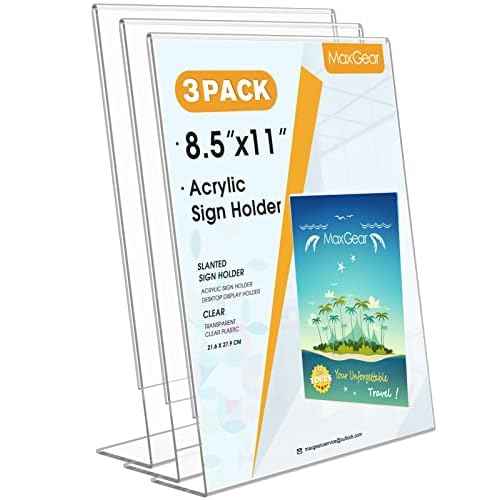 MaxGear Acrylic Sign Holder, Clear Sign Holders Plastic Display Stand 8.5 x 11 Inches Slant Back Countertop Display Picture Frames for Menus, Flyer, Use In Office, Store, 3 Pack
