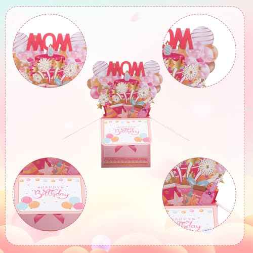 Happy Birthday Mom Pop up Card, Thoughtful Birthday Cards for Mom Colorful Balloons Excitement Fireworks Gift Box with Envelope Creative Pop up Gift Card for Women Stepmom Godmother