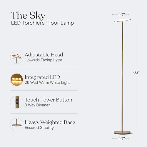Brightech Sky LED Floor Lamp - Antique Brass Dimmable Tall Torch for Living Room & Bedroom