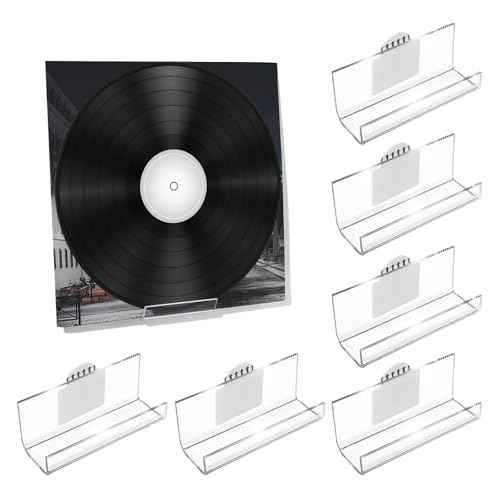 Kalami 6 Pack Vinyl Record Holder Wall Mount No Drill, Self Adhesive Acrylic Record Shelf Display Racks for LP Album Covers CD Book Pictures