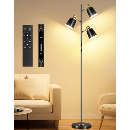 OUTON LED Tree Floor Lamp, Modern Dimmable Standing Lamp with Remote & Touch Control, 4 Color Temperatures, 3 Rotatable Lights Floor Lamps for Living Room, Bedroom, Office, Black & Gold