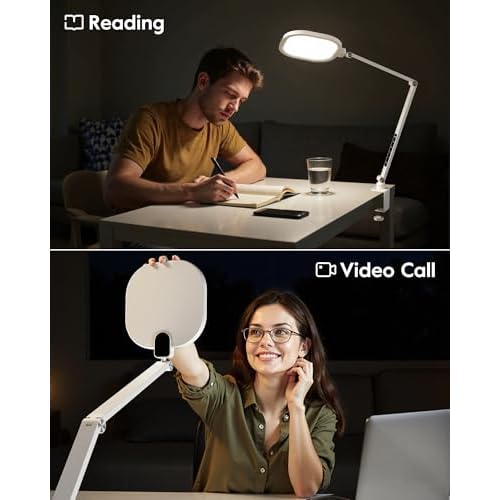 Led Desk Lamp with Clamp, 1200LM Dimmable Home Office Desktop Light, 3000k-6500k Adjustable Swing Arm Ring Light for Video Conference, Study, Reading, Zoom Calls, Streaming (White)