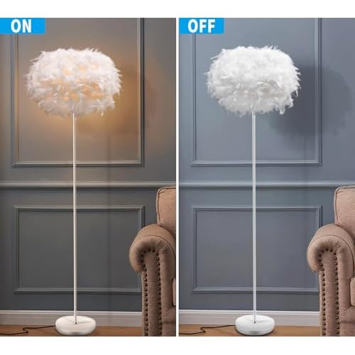 Feather Floor Lamps for Living Room, White Standing Lamp with Foot Switch, Modern Tall Lamp for Bedroom, Dining Room, Office, Corner