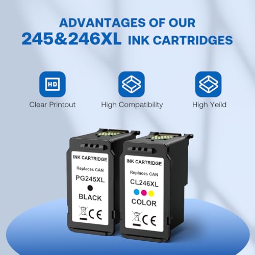 245XL 246XL Ink Cartridges for Canon Ink 245 246 PG-245XL CL-246XL Ink Cartridges for Canon Pixma MX490 MX492 MG2522 MG2420 MG2920 MG2924 MG3022 TS3120 TS3320 TS3122 TR4500 TR4520 (Black, Tri-Color)