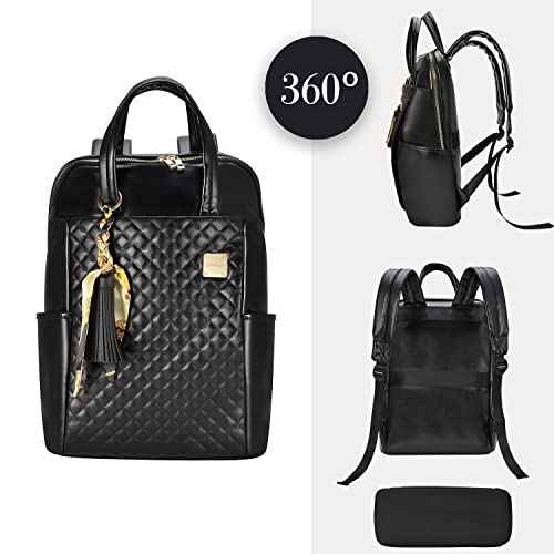 Laptop Backpack for Women Slim Travel - Laptop Bag Computer Case Fit up to 15.6-inch Notebook Lightweight Medium Size Purse for Work Bookbag Water-resistant Business Fashion Stylish PU Leather Black