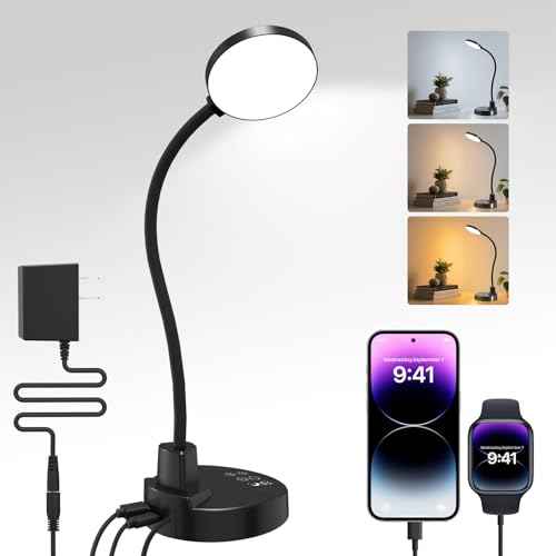 15W LED Desk Lamp with USB Charging Ports ? Dimmable Table Lamp with 3 Color Temps, 5 Brightness, 4 Timers, Flexible Gooseneck Light with Base, Eye-Caring Reading Light for Home Office, Bedroom, Study