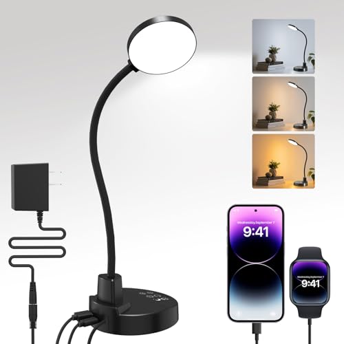 Black 15W Dimmable LED Desk Lamp with USB Ports, 3 Color Temps, 5 Brightness, 4 Timers, Flexible Gooseneck, 3.5'' Light Head, No Remote