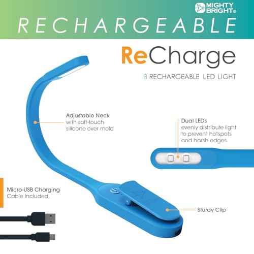 The Original Mighty Bright Recharge Clip On Rechargeable Book Light Reading Light, Warm Eye Care LEDs, Flexible, Durable, Dimmable, Perfect for Kids, Bookworms, Reading in Bed, Lasts 60 Hours (Blue)
