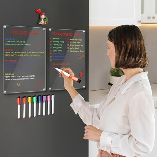 LANDNEOO 2 Pack 12x8 Acrylic Magnetic Whiteboards for Fridge, Dry Erase Menu & Planning Boards with 8 Markers