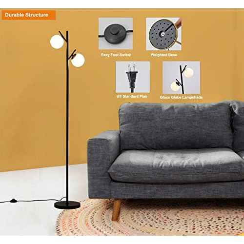 Fiqevs Globe Tree Floor Lamp, Mid Century Modern Standing Lamp with 2 LED Bulbs & Frosted Glass Shades, Retro Tall Pole Lamp for Living Room, Bedroom & Office