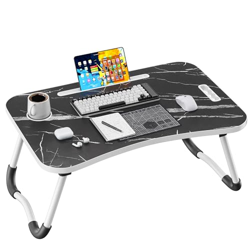 Dark Black Folding Laptop Bed Desk 23.6 Inch with Cup Holder & Marble Pattern