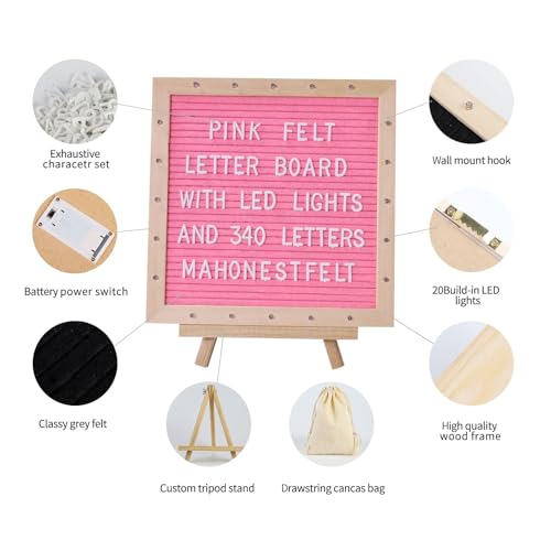 Pink Felt Letter Board with Stand & LED Lights - 10x10 inch, 340 Letters, Wall Mount & Tripod for Party & Home Decor (Pink)