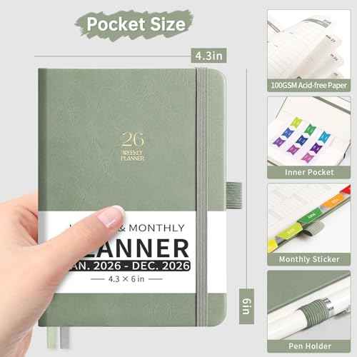 2026 Pocket Calendar for Purse - 4.3" x 6" A6 Small Mini Weekly and Monthly Planner, Jan-Dec 2026, 100GSM Thick Paper, Leather Hardcover, Colorful Tabs, Notes, Pen Loop, Back Pocket, Light Green