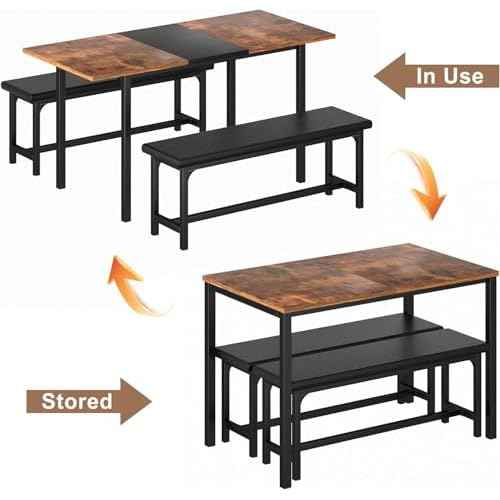 VECELO 3-Piece 63" Extendable Kitchen Table with Benches/Chairs, Modern Breakfast Dinette/Dining Room Set for 4/6/2, Small Space Saving Design, Easy Assembly