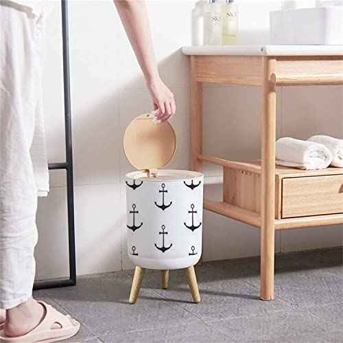 Small Trash Can with Lid Nautical Minimalistic Seamless with Anchors Round Recycle Bin Press Top Dog Proof Wastebasket for Kitchen Bathroom Bedroom Office 7L/1.8 Gallon