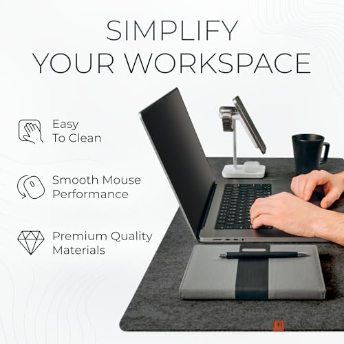 Nordik Felt Desk Mat Large Charcoal 35x17 Inches - Office Desk Pad with Leather Logo