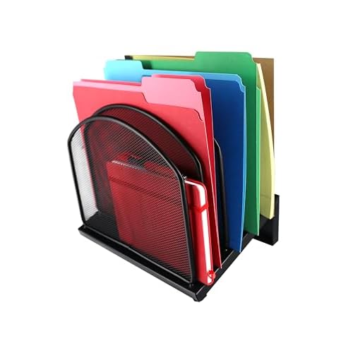Huron Desktop Inclined Slant 5-Slot File Binder Organizer Storage, Black Steel Mesh