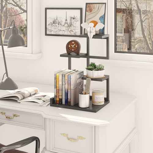 YMYNY Desktop Shelf Organizer, 4 Tier Storage Display Rack, Desk Shelf Organizer Small Bookshelf with Metal Frame for Office, Books, Plants, 12.2" x 9.45" x 17.52", Black UHSR007B